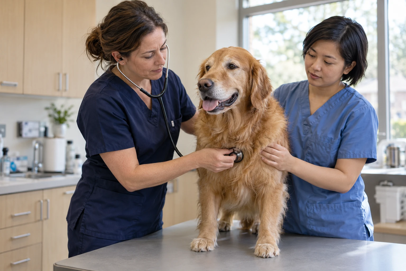 Imagen ilustrativa de IA de un equipo veterinario atendiendo a un perro